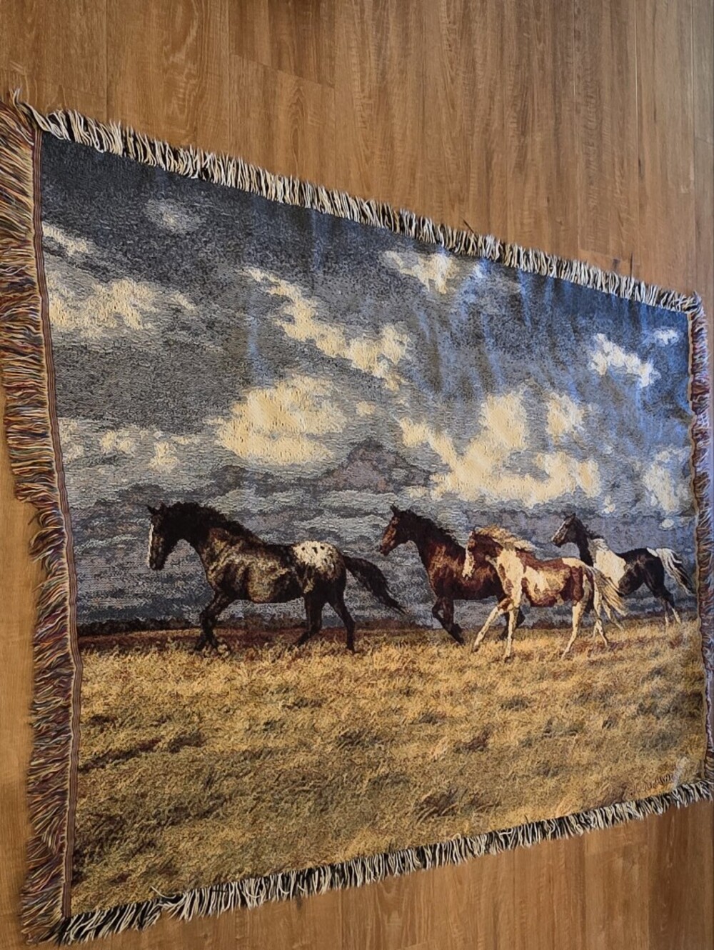 Vintage 90s C. Cummings Horses Fringe Throw Tapestry Blanket 44x52 Made in USA